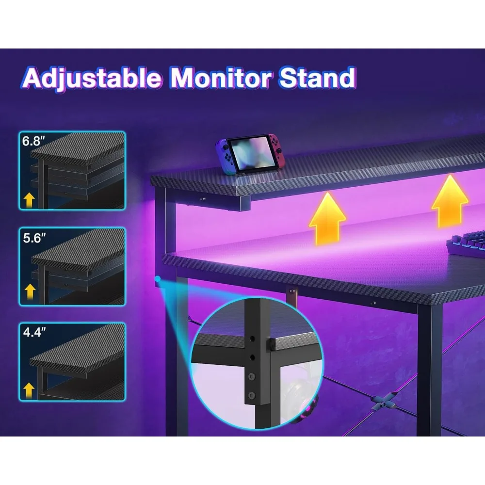Gaming Desk with Led Lights & Power Outlet, 47 Inch Gaming Computer Desk with Shelves, Reversible Gamer Desk Table with Adjusta