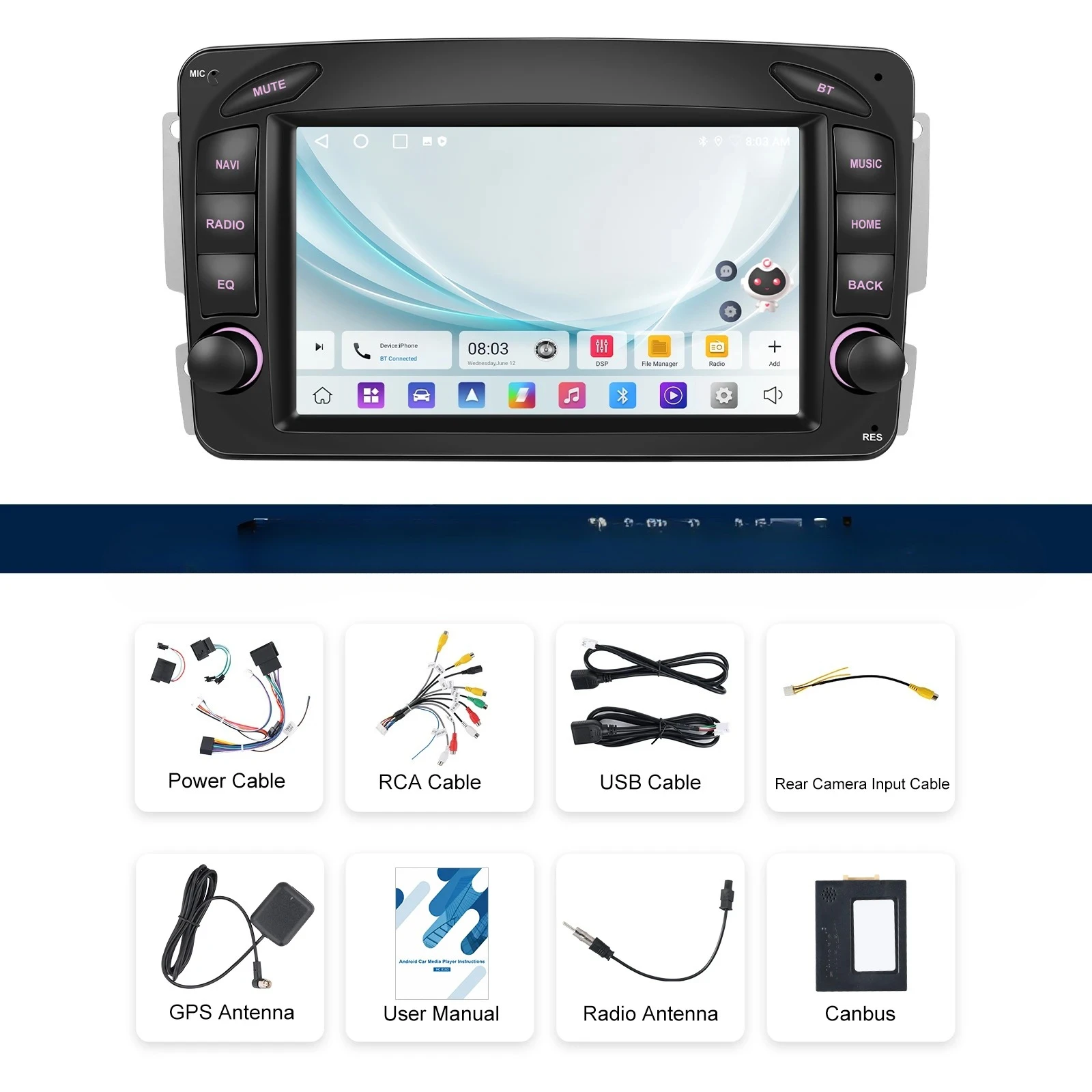 Podofo for Mercedes-benz CLK/W209 E-W210 Clase C/W203 SLK/W170 7'' Android Car Radio 2+64 Wireless Carplay/Android Auto GPS/WiFi