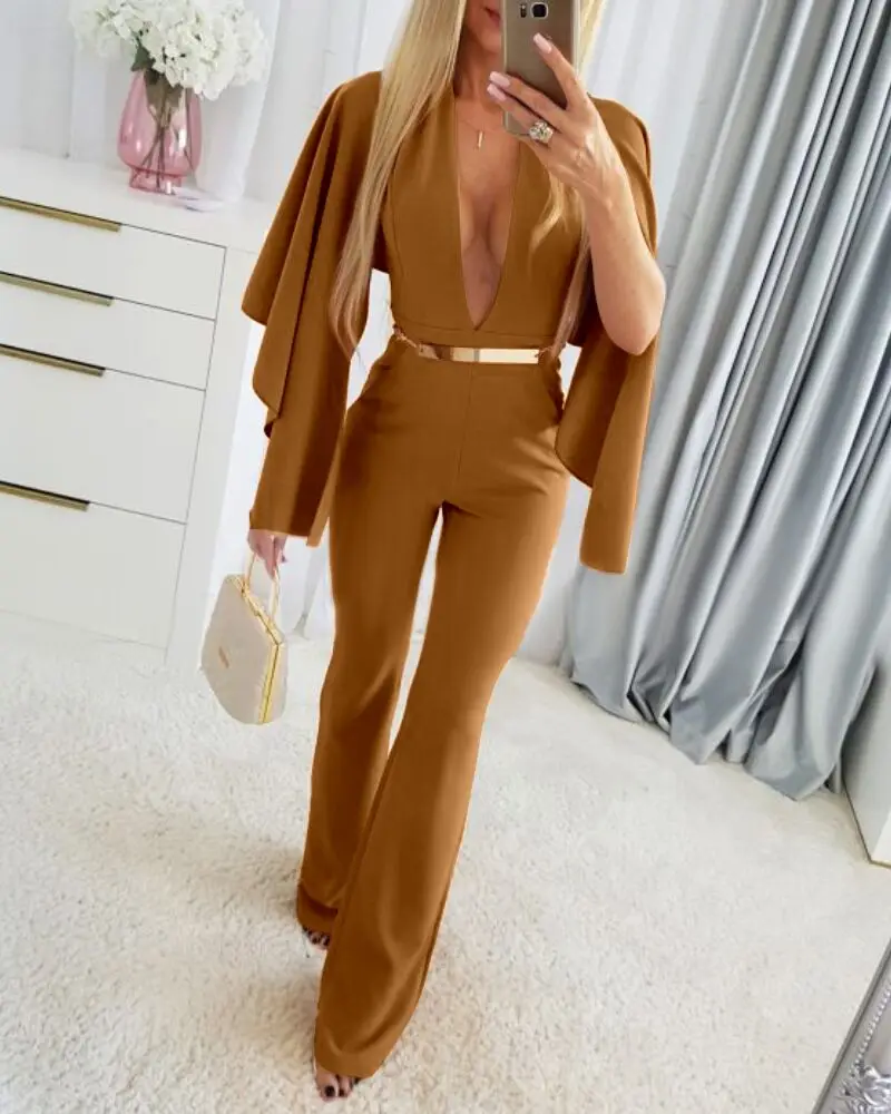 2024 Plunge Irregular Sleeve Sexy Jumpsuit Zipper Long Romper with Belt