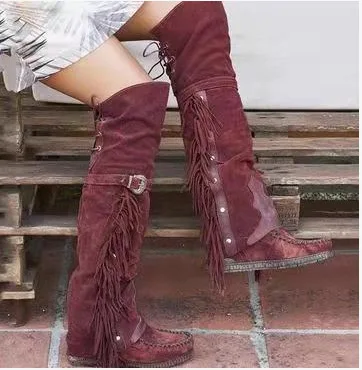 Botas bohemias hasta la rodilla para Mujer, Botas altas con personalidad étnica, Botas de ante sintético con borlas, Botas largas de fondo plano para Mujer