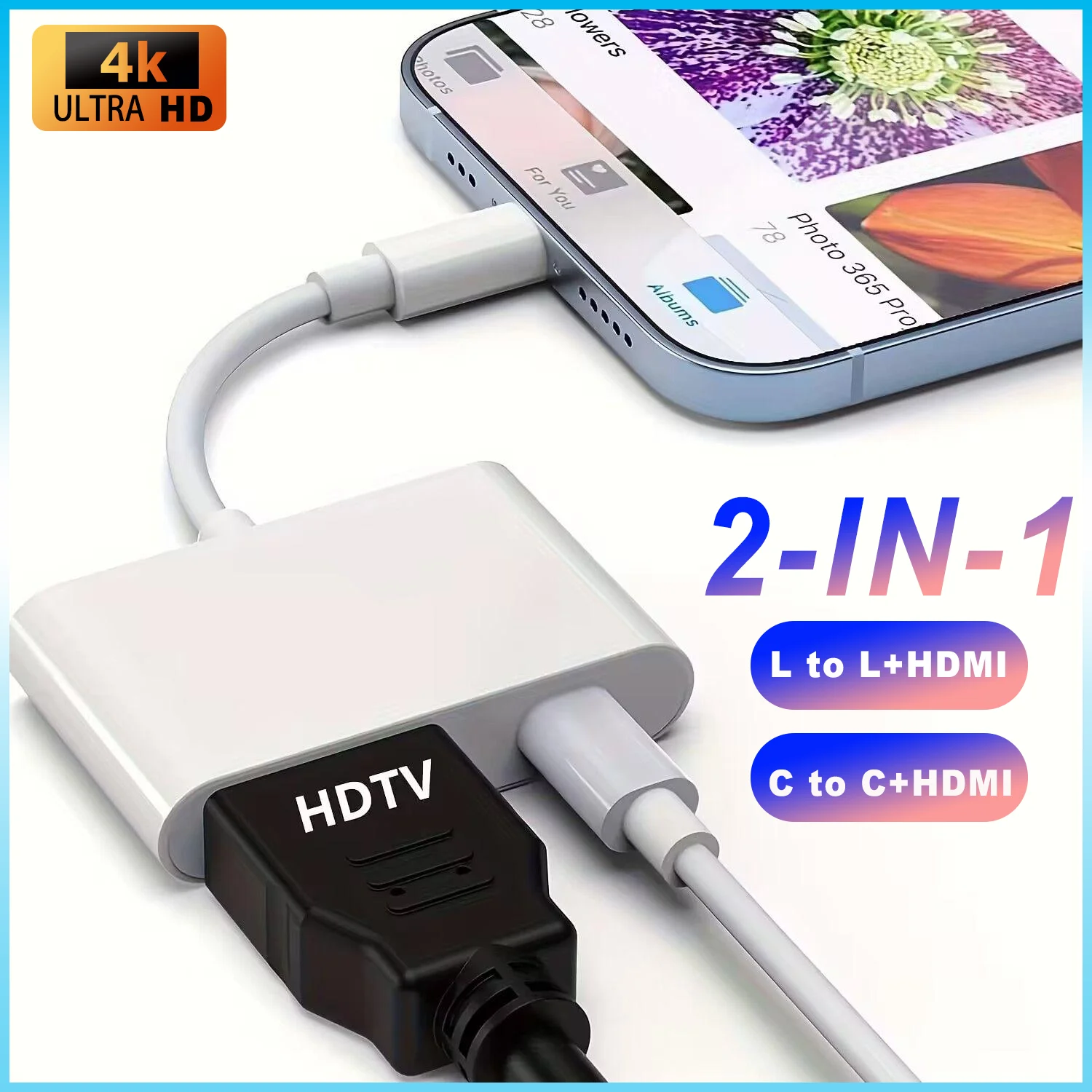 2-IN-1 USB C L to HDMI Adapter For iPhone 15 pro Type C Digital AV Adapter 4K Sync Screen Connector For iPhone to HDTV Projector