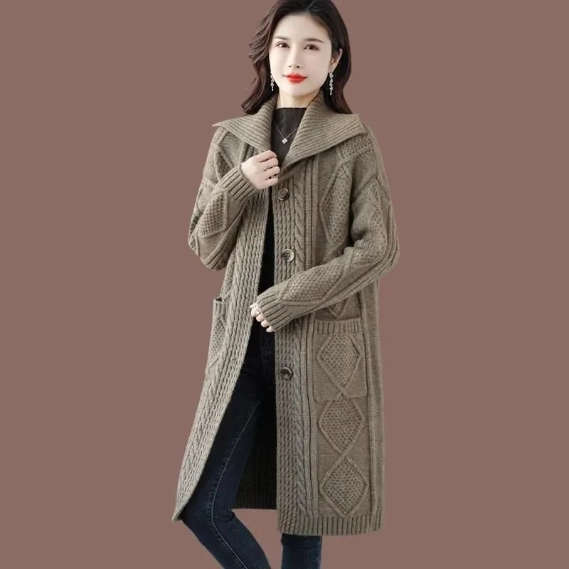 

High End Large Lapel Thick Sweater Coat Autumn Winter 4XL Big Size Women Long Knitted Cardigan Female Wool Sweater Knit Jacket