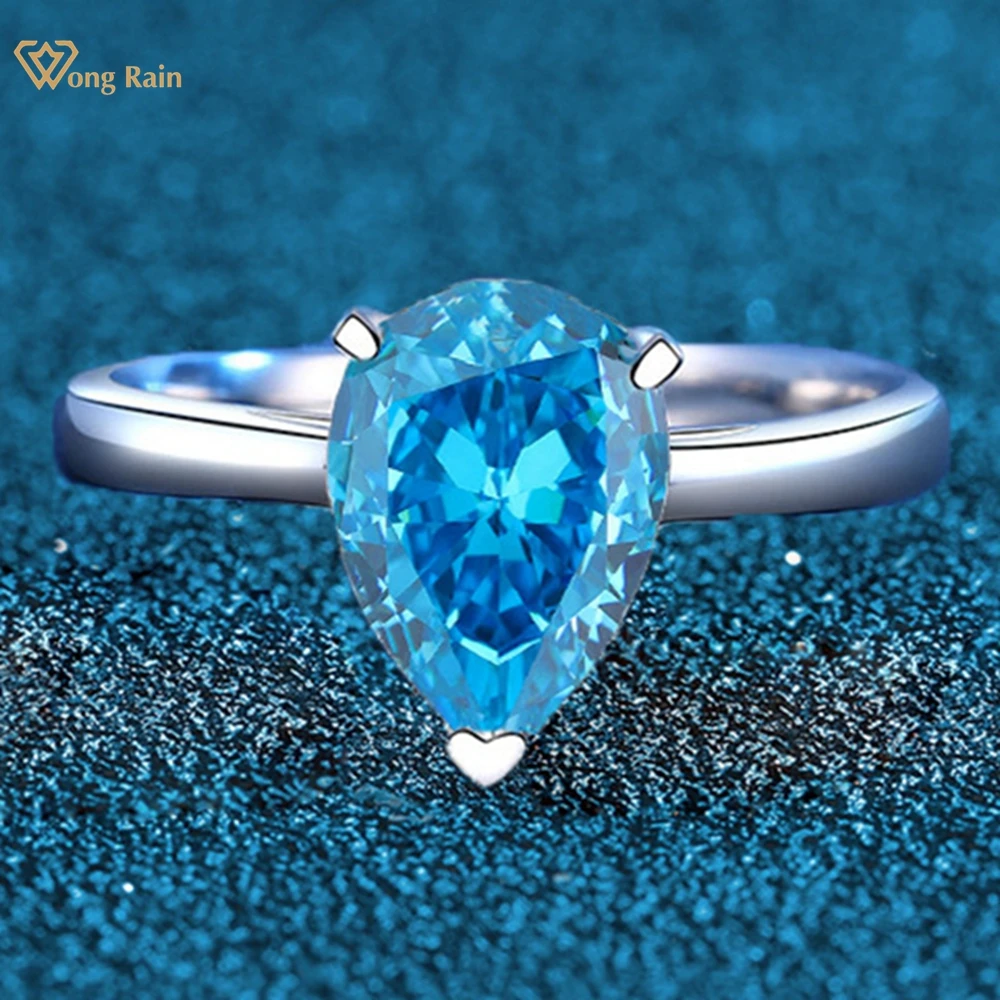 

Wong Rain Classic 100% 925 Sterling Silver 7*9 MM Pear Cut Lab Sapphire Aquamarine Gemstone Ring for Women Wedding Party Jewelry