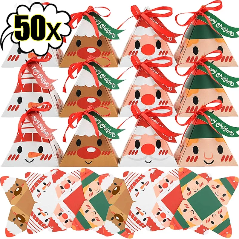 50/10Pcs Christmas Triangle Candy Box with Tie Santa Claus Reindeer Reindeer Snowman Pattern Party Xmas Tree Hanging Ornament