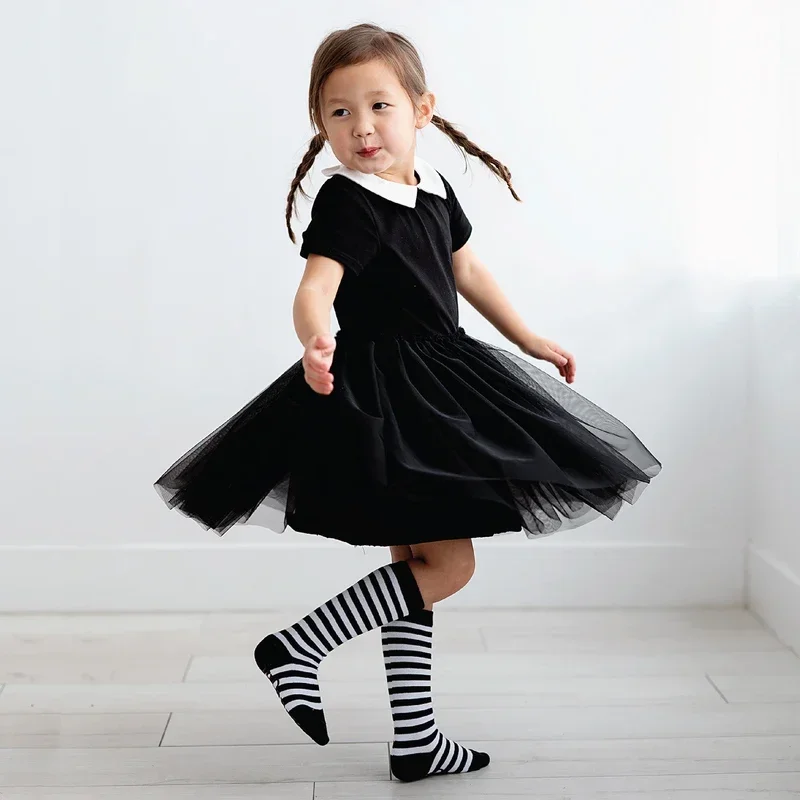 Halloween Carnival Girls Costume Cute Doll Collar Kids Black Gothic Dress Girls Prom Gown Party Wednesday Addams Cosplay Outfits