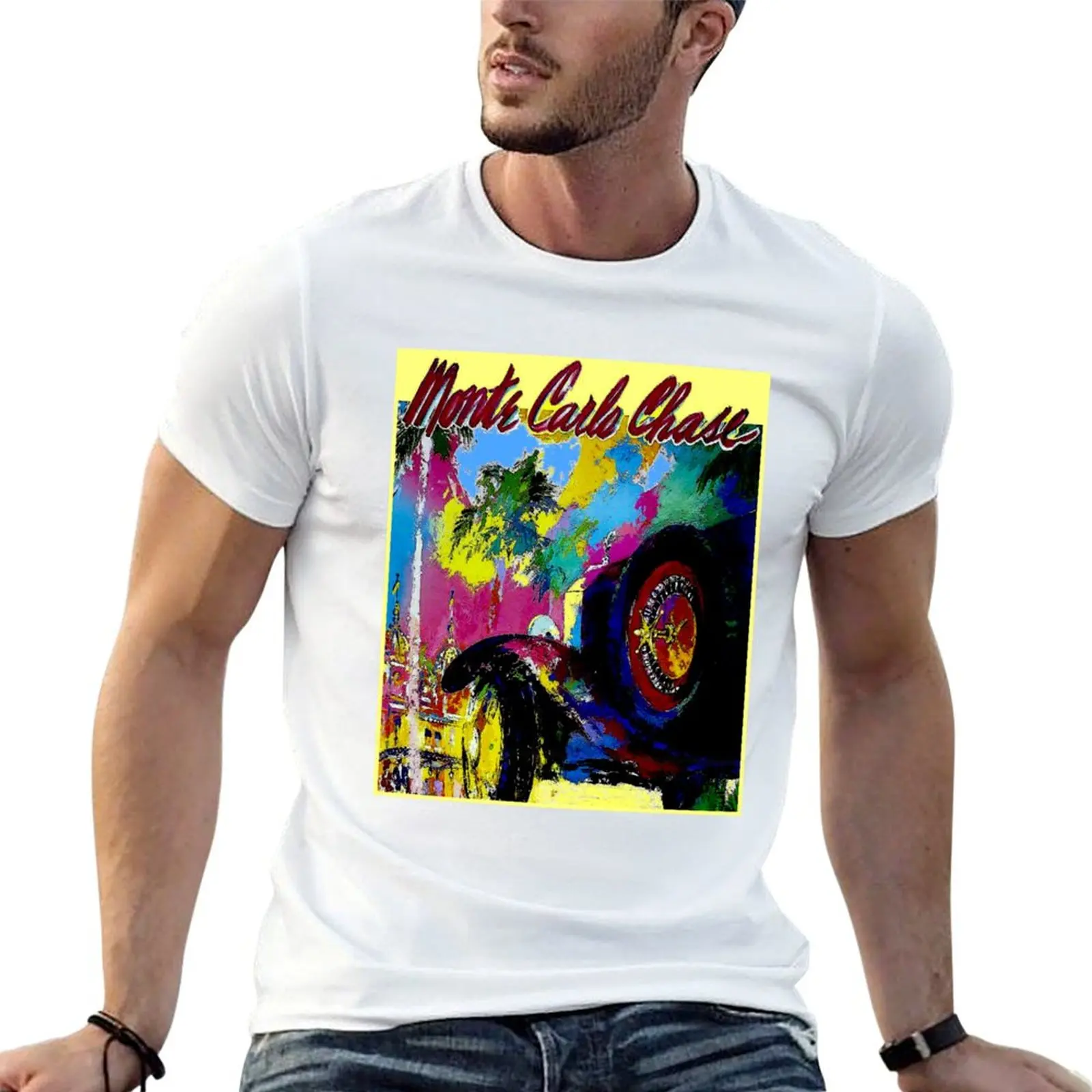 MONTE CARLO : Vintage 1988 Chase Auto Racing Print T-Shirt Plus Size Workout Short Sleeve Top