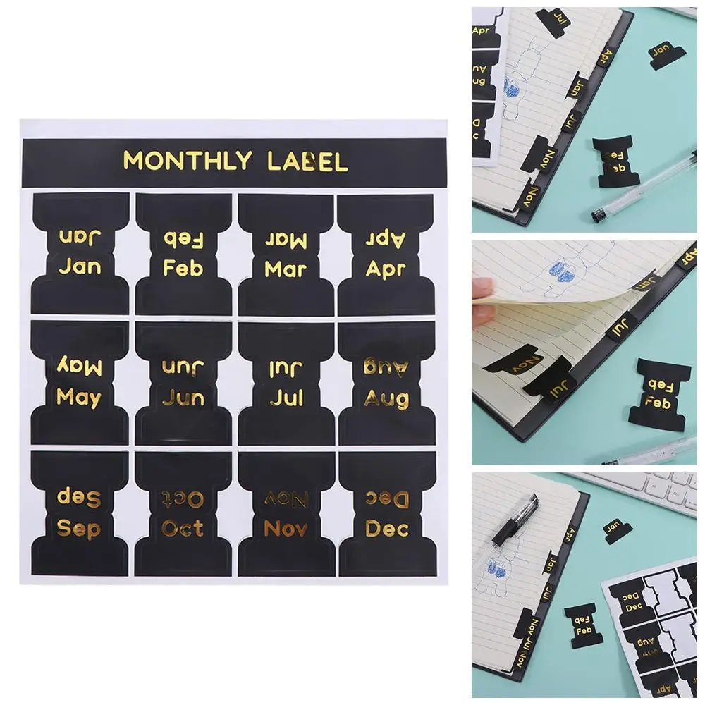 12 pcs Black Adhesive Monthly Stickers Stationery Index Tabs Stickers Decorative Monthly Label Waterproof Index Memo Pads