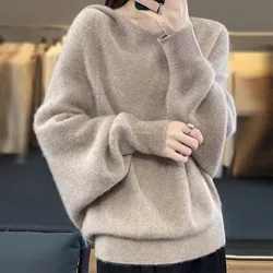 Hooded Sweater Woman Autumn Winter Long Sleeve Korean Loose Pullover Shirt Solid Casual Basic Pullovers Korean Knit Tops Jumper