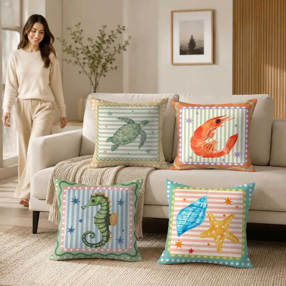 Lobster Seahorse Shell Theme Cushion Cover Soft Short Plush Pillow Case Double Sided Print Washable Sofa Home Decor Gift