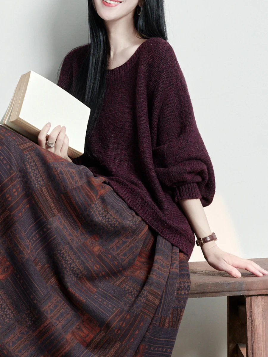 

Su Original Design Lazy Artistic Sle Woolen Overhead Sweater Coat Red 000 Women's Loose Fit Long Sve round Ne Kn...