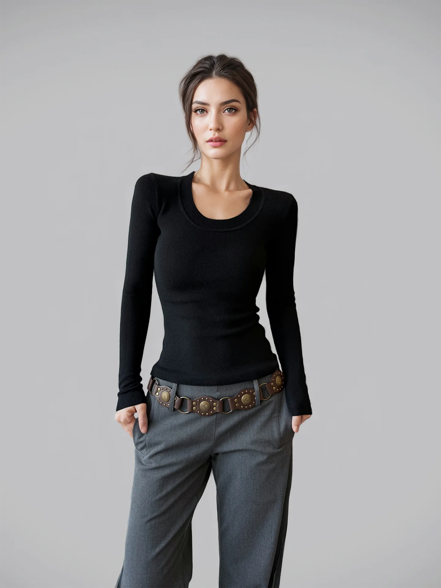 

ANGJIA Women's Bla Long Sve Knitted Sweater Small U-Ne Base Layer Elastic Inner Wear Top Soft Korean Sle Slim Fit