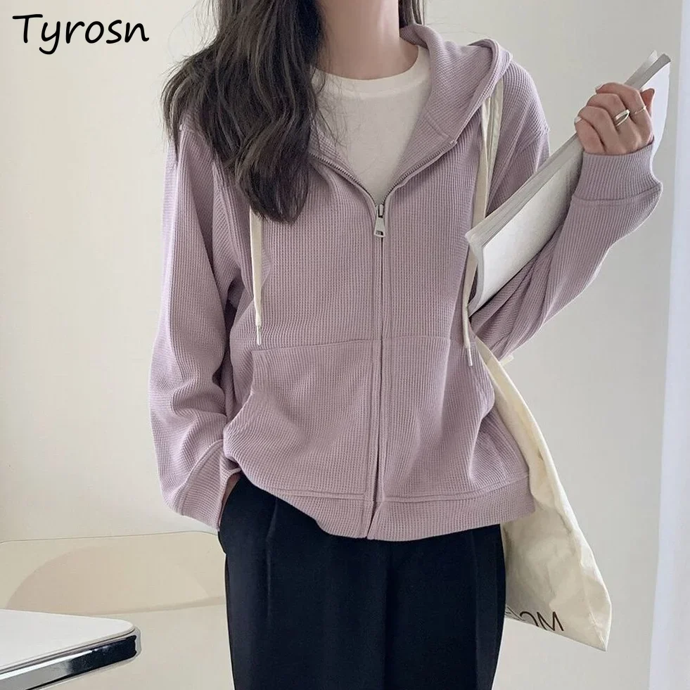 

With Hat Jackets Women Elegant Solid Simple All-match Streetwear Harajuku Retro Sweet Leisure S-3XL Coats Femme Ulzzang Zip-up