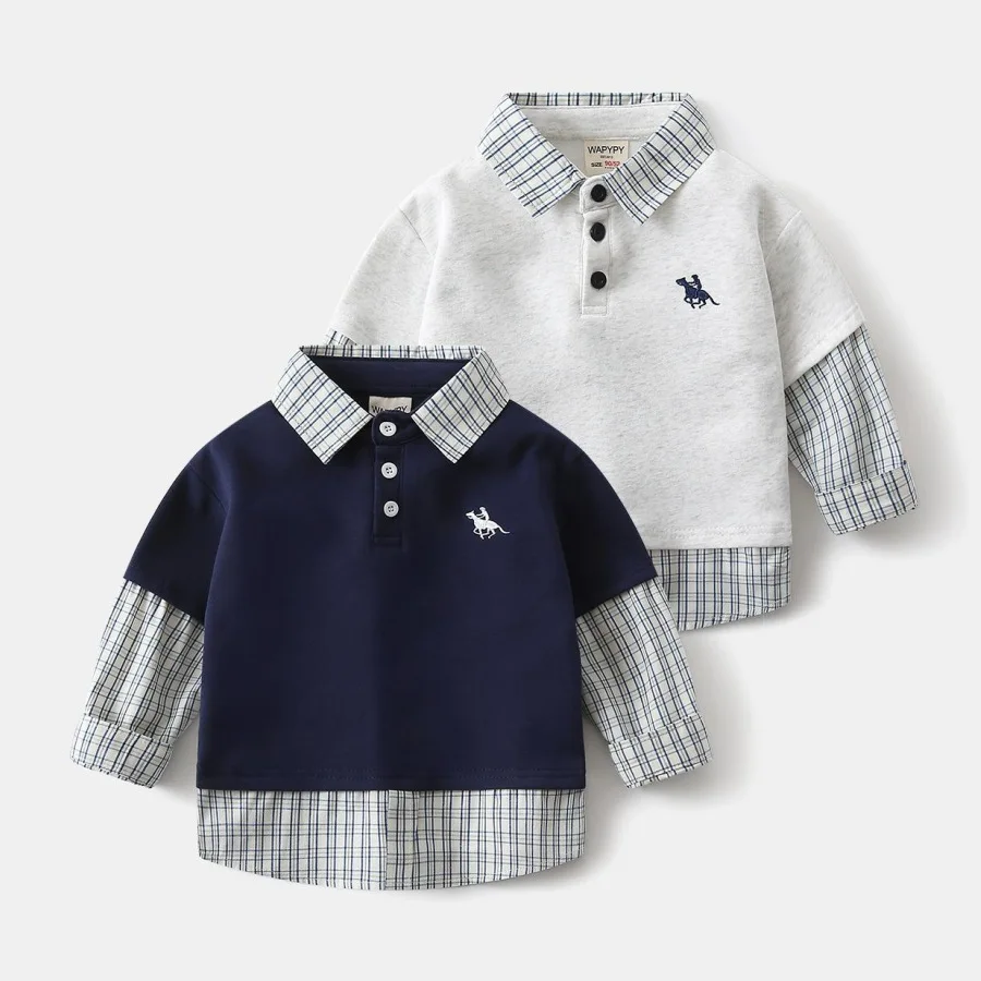Boys Fashion False Two-piece Striped Patchwork Long Sleeve Lapel Pullover Sweatshirt Tops Children's Spring Casual Sweatshirts