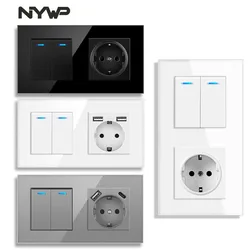 Nywp socket with toggle switch, 220v 16a wall socket with usb 157*86 glass panel with light switch 1gang 1/2/3way output