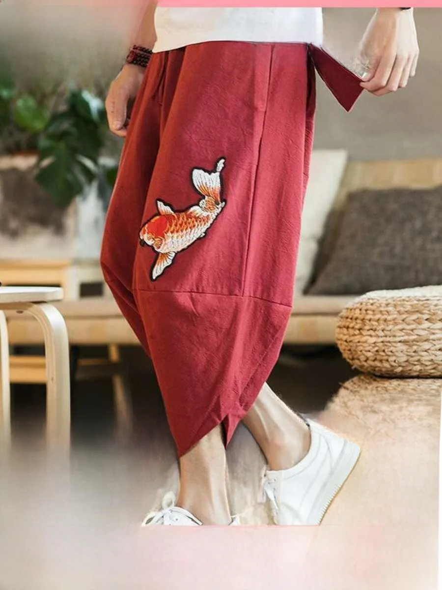 

New Men's Loose Linen Seven-Foot Pants Embroidered Carp Trendy Harlan Wide Leg Casual orts High Waist Spring Faion
