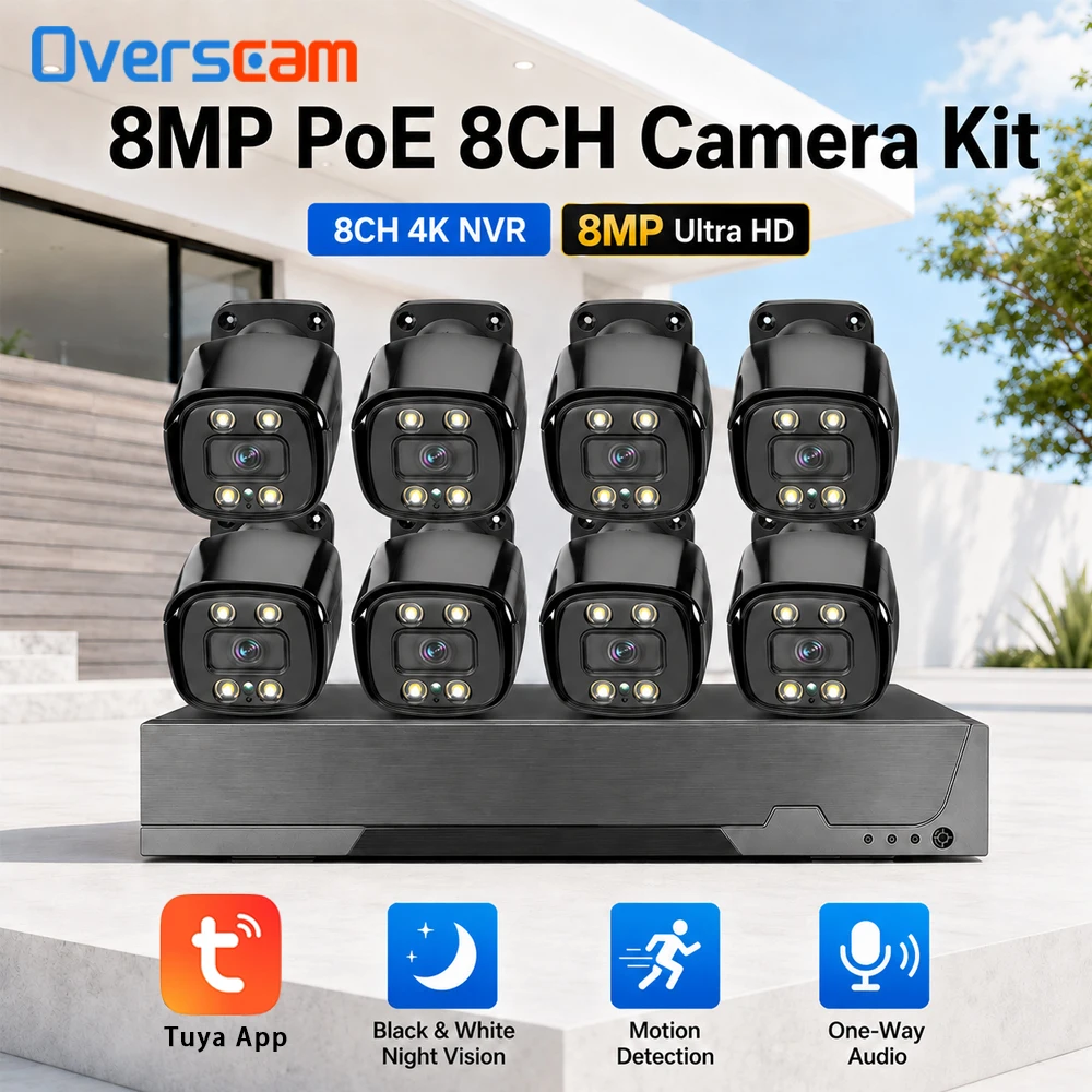 8MP 4K PoE Surveillance System 8CH NVR With Black Bullet IP Cameras IP66 Outdoor CCTV Motion Alert Night Vision Audio Recording