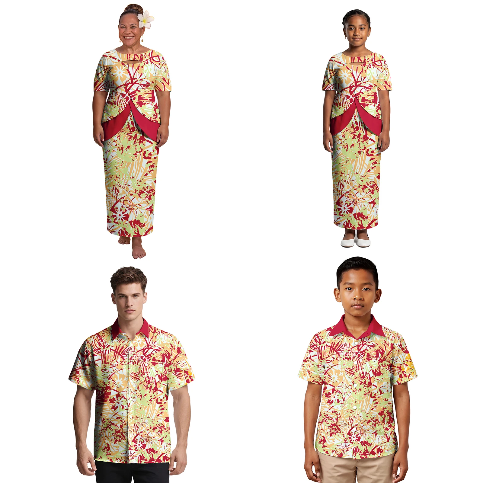 

Custom Hawaii Print Men Boys Short Sleeve Shirts Cutout Neck Samoan Puletasi for Women Girls Polynesian Family Matching Outfits