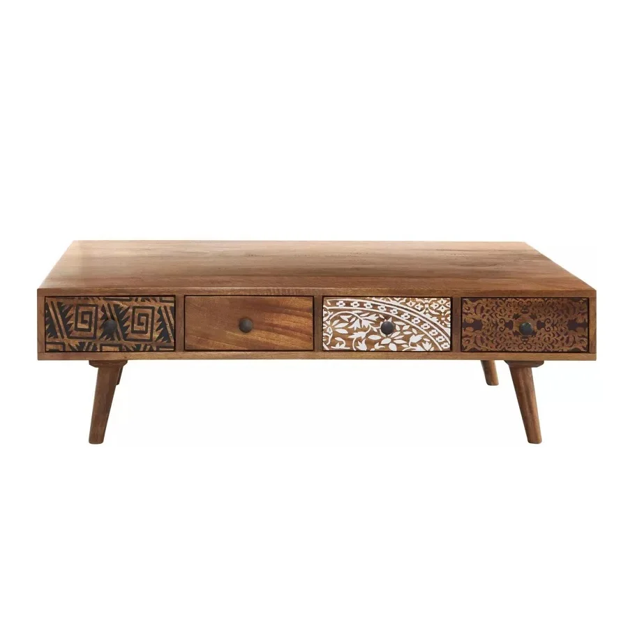 New Design Handcrafted Rectangular Wood Coffee Table with Small Carved Drawers For Living Room Drawing Room