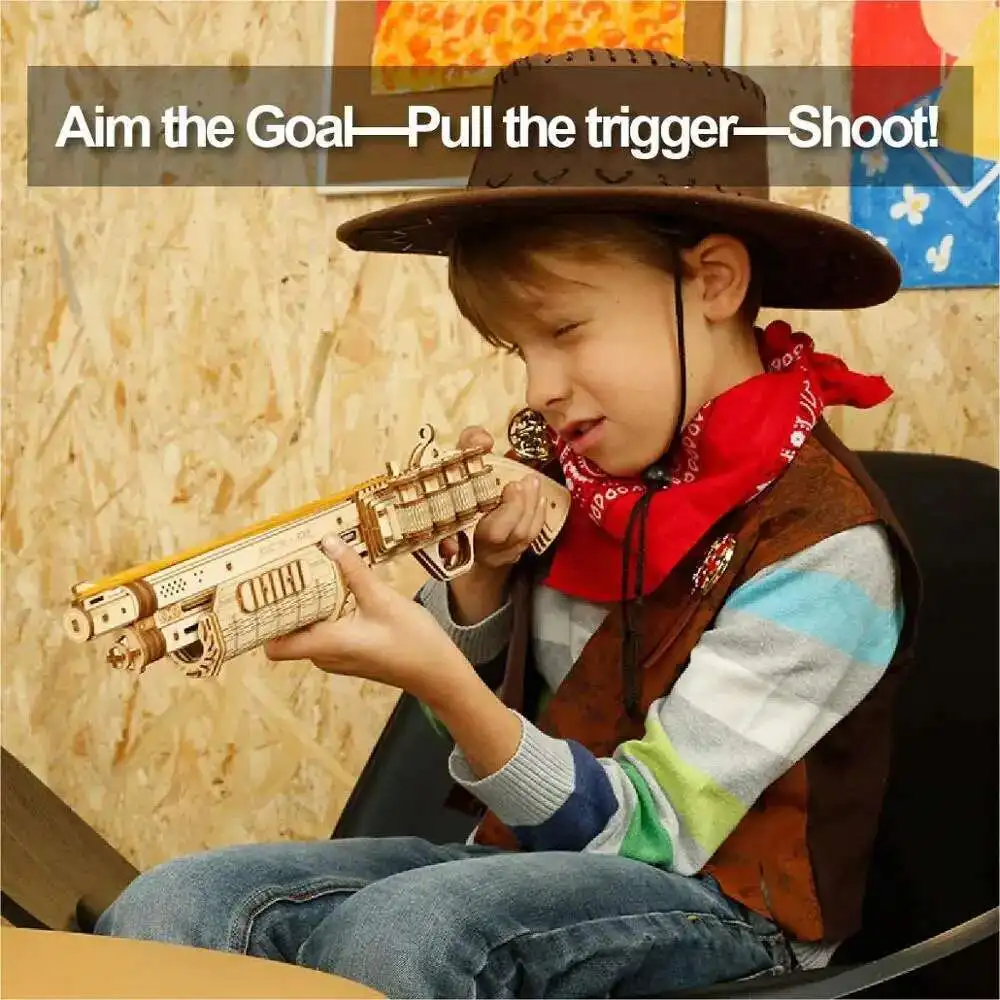 

DIY Revolver,Scatter with Rubber Band Bullet Wooden Model Building Block Kit Assembly Toy Gift for Children Adult