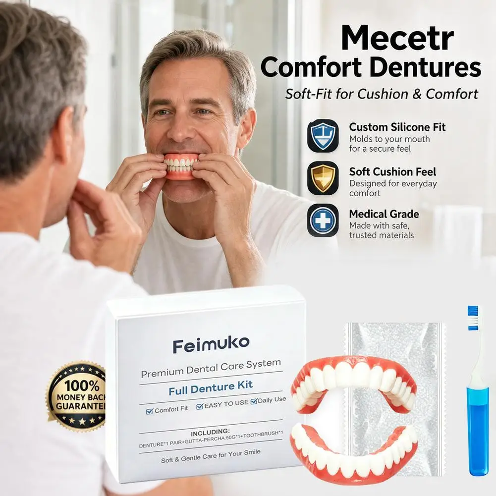 Full Denture Premium Dental Care Kit With Special Cleaning Brush Realistic Gums Tone Fix Gap Upper Lower False Teeth Veneers Set