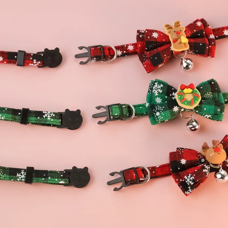 Christmas Bow Tie Pet Collar Santa Cat Dog Bell Safety Buckle Elk Big Bow Knot Adjustable Kitten Accessories חגורות לחתול