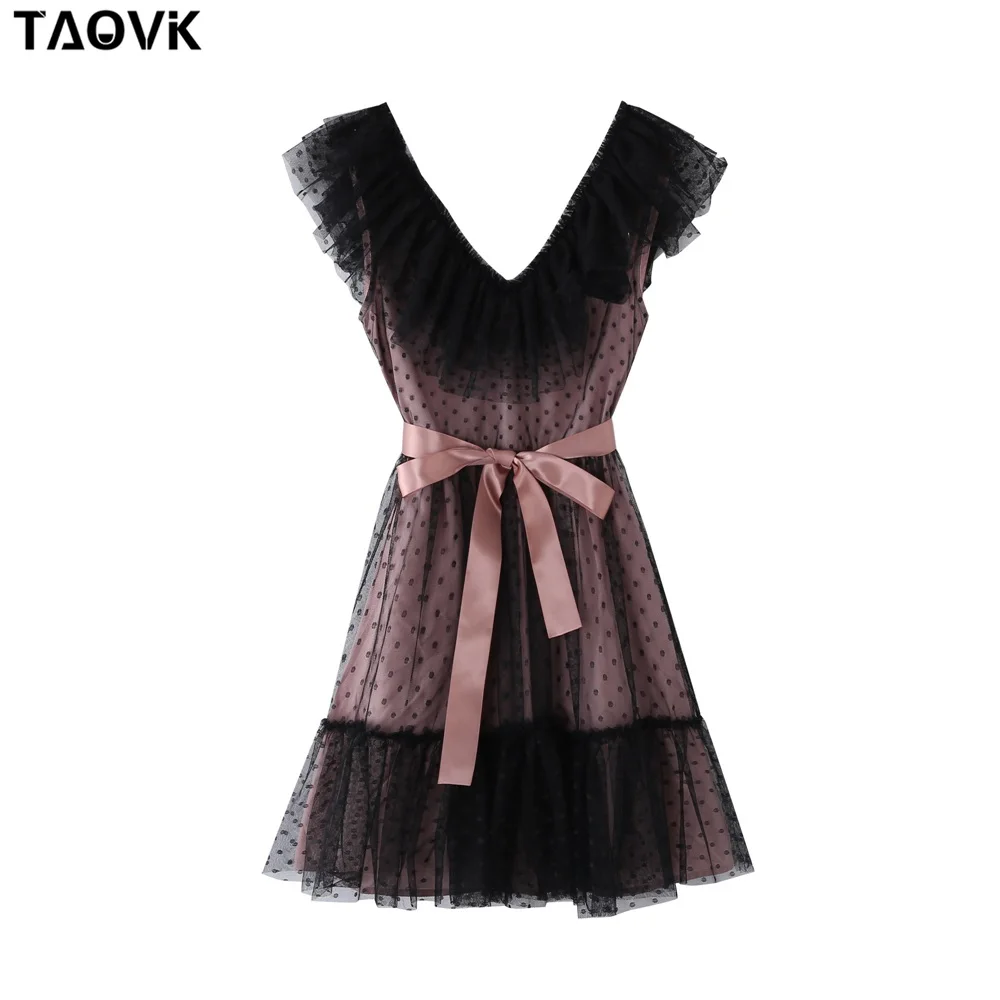 TAOVK Women Vintage Short Dress Floral V-Neck Polka Dots Mesh Sleeveless Ruffles Casual Pleated Dress Elegant Sexy Chic Dress