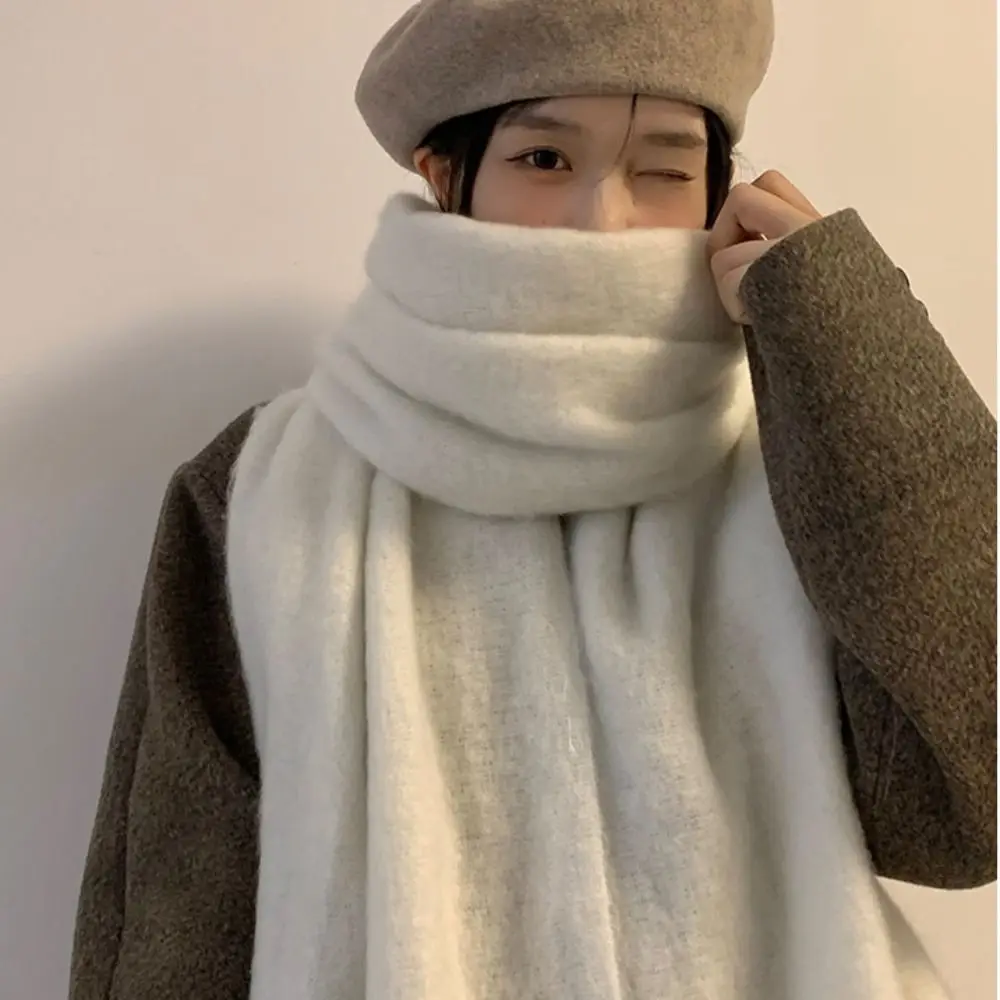 New Warm Winter Cashmere Scarf Soft Mohair Long Tassel Scarves Solid Color Thickened Wrap Shawls Women