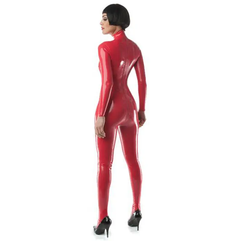 Latex Bodysuit Leotard with Chest Zipper Back Zip Stockings Rubber Jumpsuit