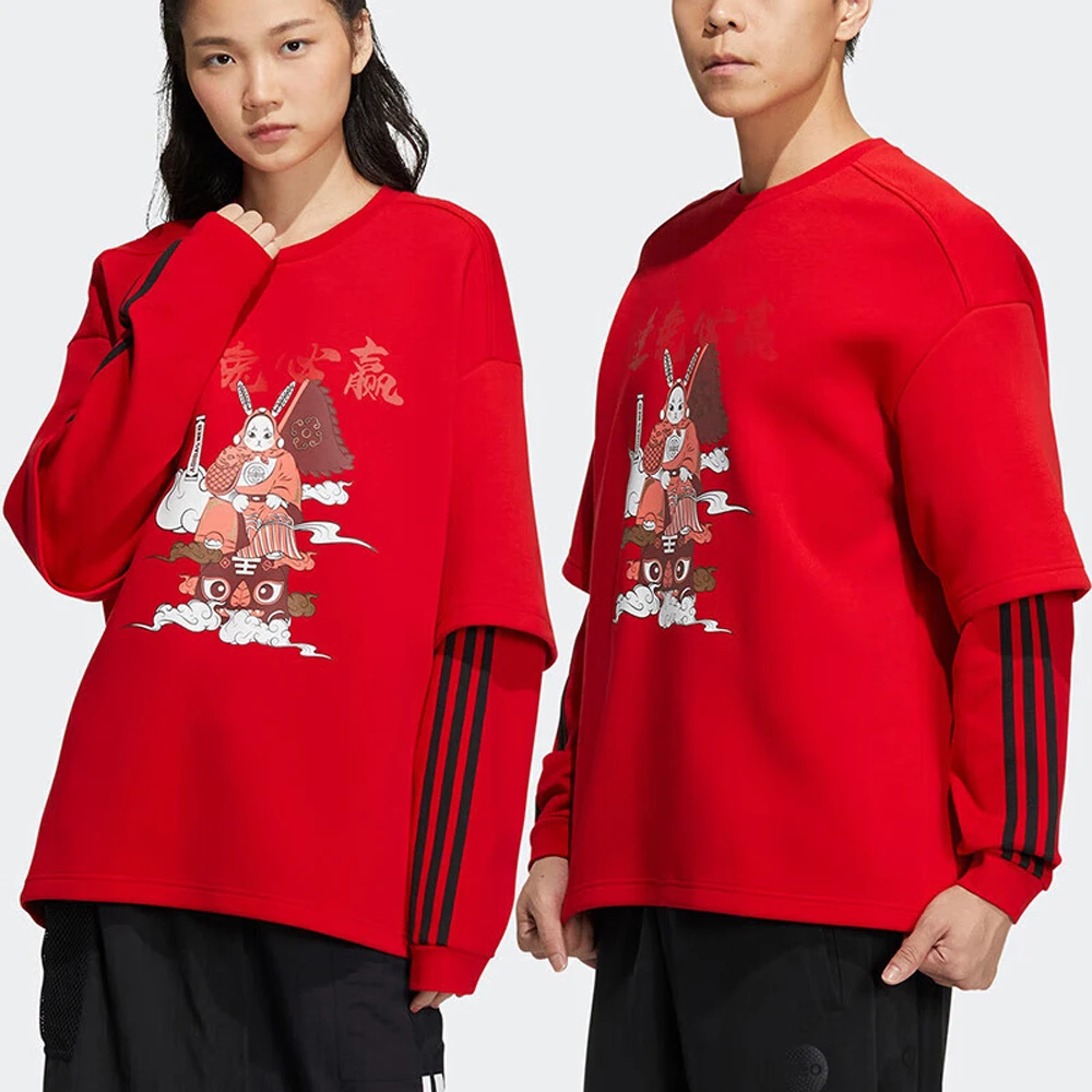 

Adidas Sportswear Series Red Crew Neck Sweatshirt Chinese Style Graphic Cotton Fabric Trendy For Daily Leisure