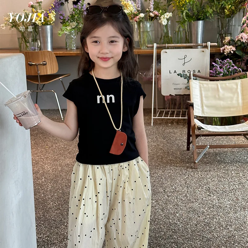 

Girl Shirt Top Children Short Sleeve T-shirt Summer 2024 New Korean Style Sleeveless Vest Children Summer Crewneck Top