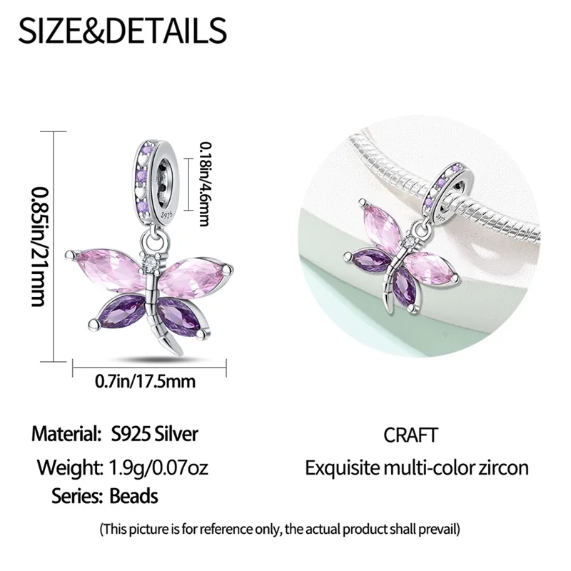 925 Sterling Silver Dragonfly, baked Charms Pendant with Cubic Zirconia,Fit DIY bracelet necklace Gift for Her,Colgante Plata - view 4