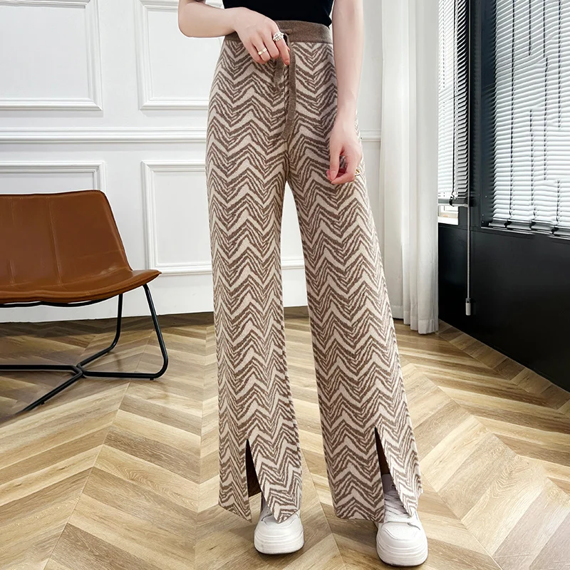 Fall/Winter Color Matching Cashmere Knitted Wide-Leg Casual Pants Women Loose Joker Pants With Split Legs 100% Pure Wool Pants