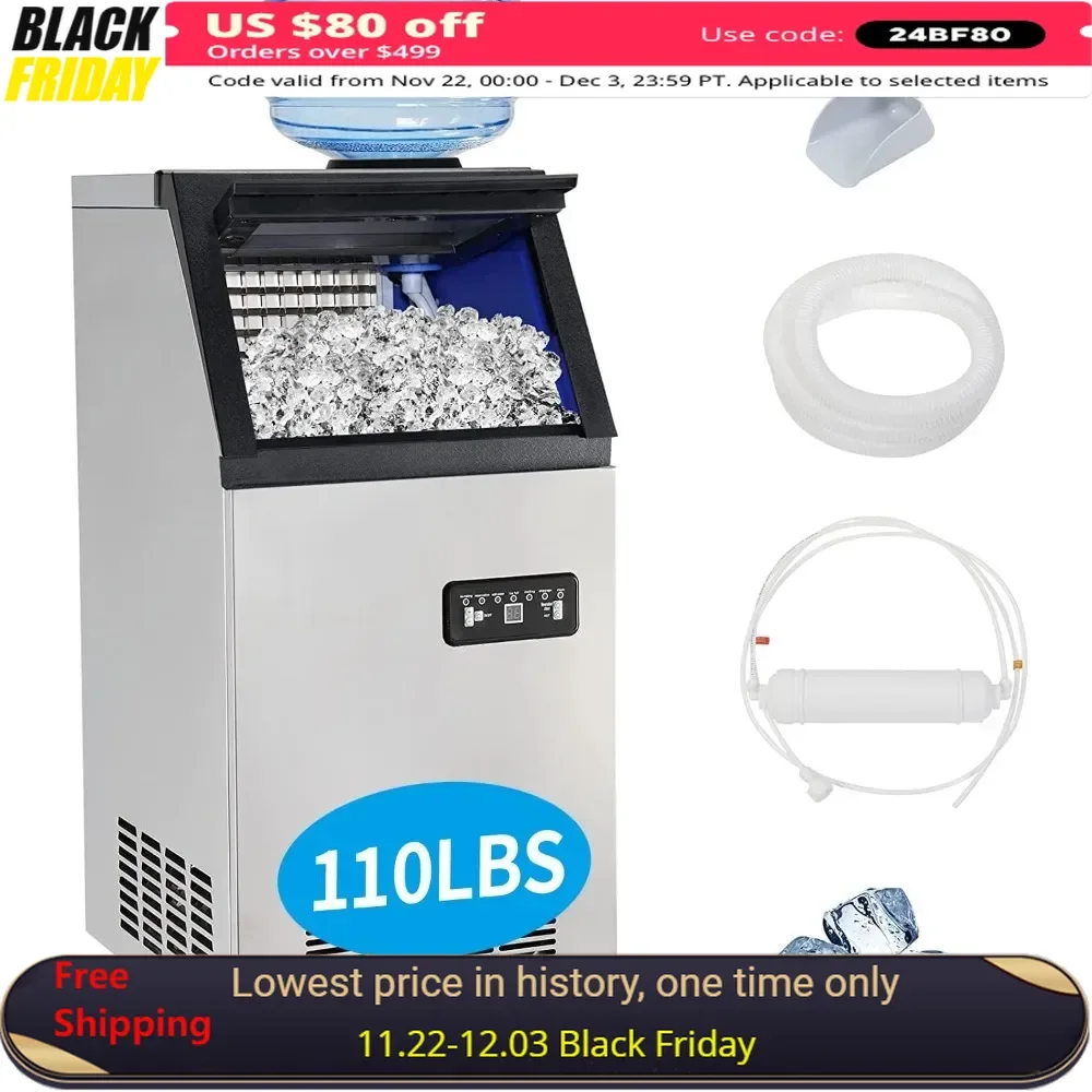 Ice Maker, 110lbs/24h, 24lbs Storage Bin, Under Counter/Freestanding Automatic, Countertop Ice Maker