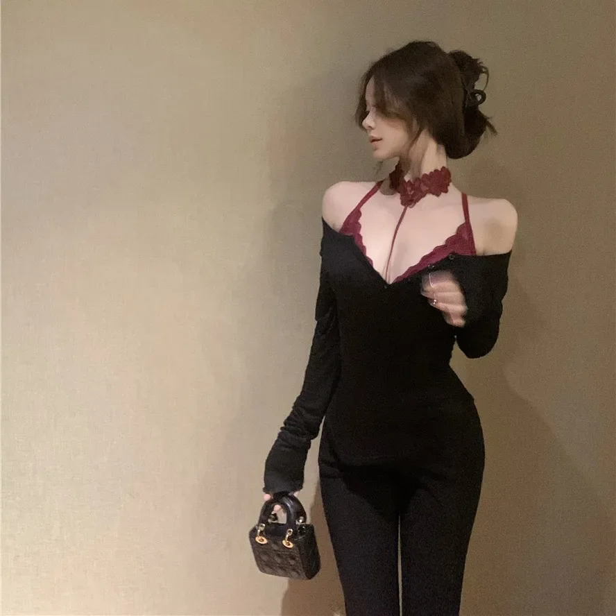 BlackOff-ShoulderLong SleeveT-Shirt Waist-Fitted Tight Non-Regular Inner Pure Desire Base Layer Top Factory Direct Sales