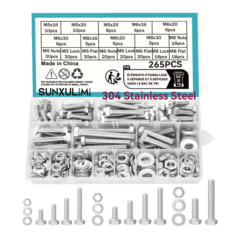 

265 Hex Screw and Nut Combination Set,M5M6M8 Combination Screw Nuts and Washers Kit, 304 Stainless Steel Machine Screw Set with