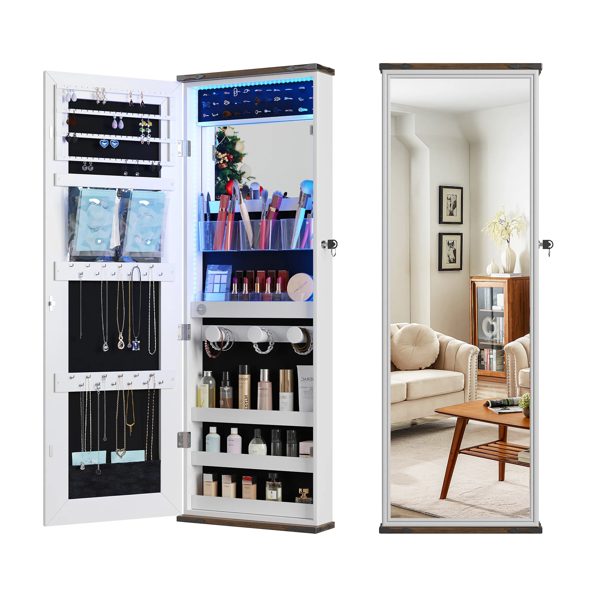 

JDPAG Farmhouse Jewelry Organizer,Jewelry Armoire Cabinet with LED Lights Wall or Door Mounted, Full Length Mirror with Storage