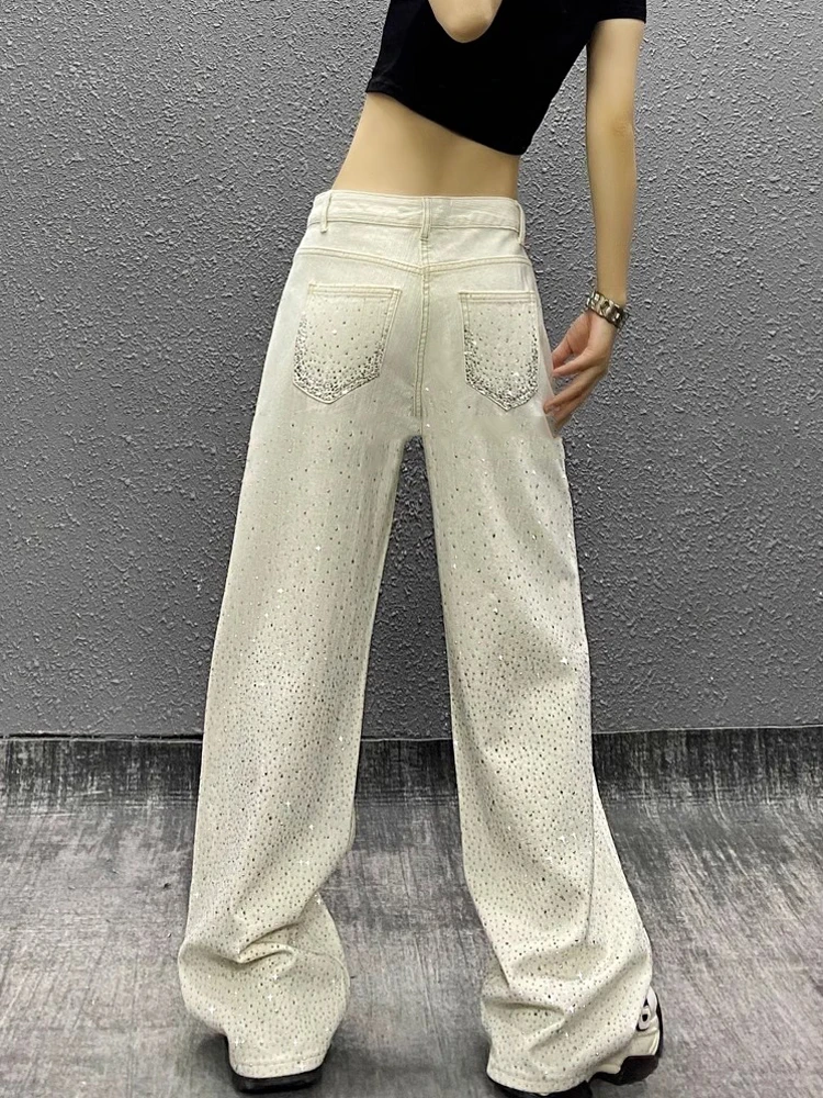 Women's 2025 Summer High Waist Denim Trousers Starry Sky Hot Diamond Hole Jeans Loose Versatile Straight Wide Leg Denim Pants