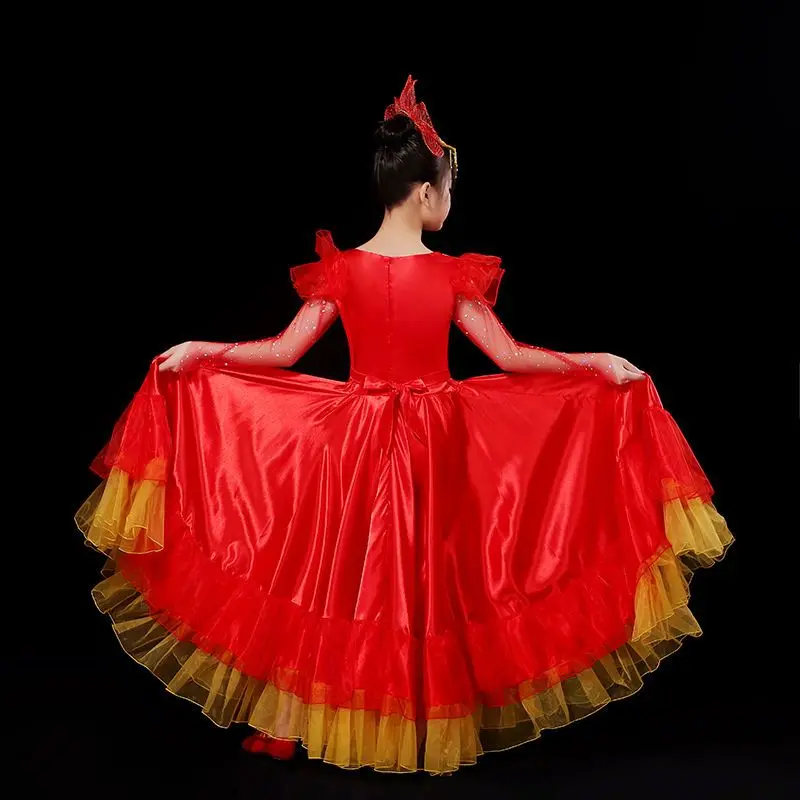 Costume spagnolo Performance Girl Abito lungo da flamenco rosso Gonna da ballo per ragazze Abiti da ballo per bambini Costumi per bambini