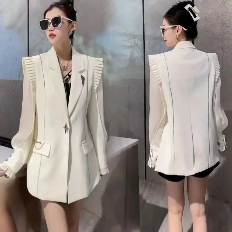 Heavy Industry Blazer Female 2024 Spring Solid Color Suit Collar Lantern Sleeve Covered With Thin Stitching Lace Suit Jacket Top