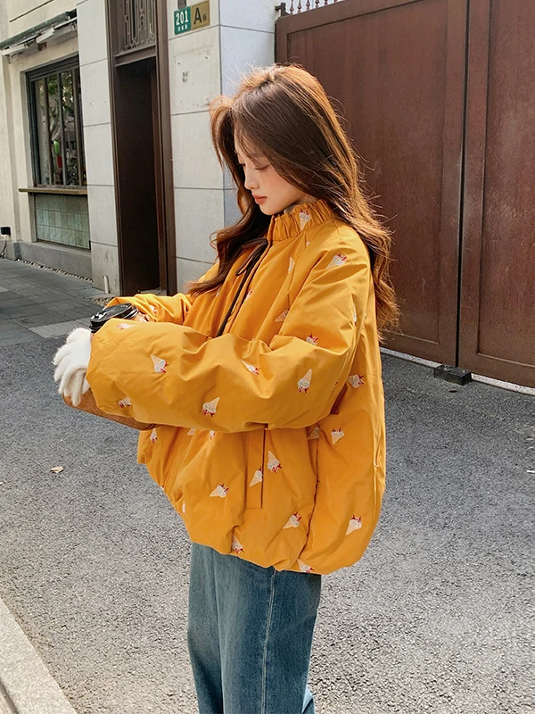 옐로우 자수 아이스 크리스탈 다운 재킷 여성용 겨울 방한 캐주얼 루즈핏 보온성 보장