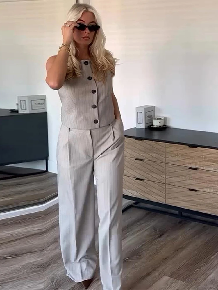 Twill Striped Vest Pants Two-piece Set Women Casual O-neck Single Breasted Tops Suit With Straight Pant Lady Office Chic Outfits