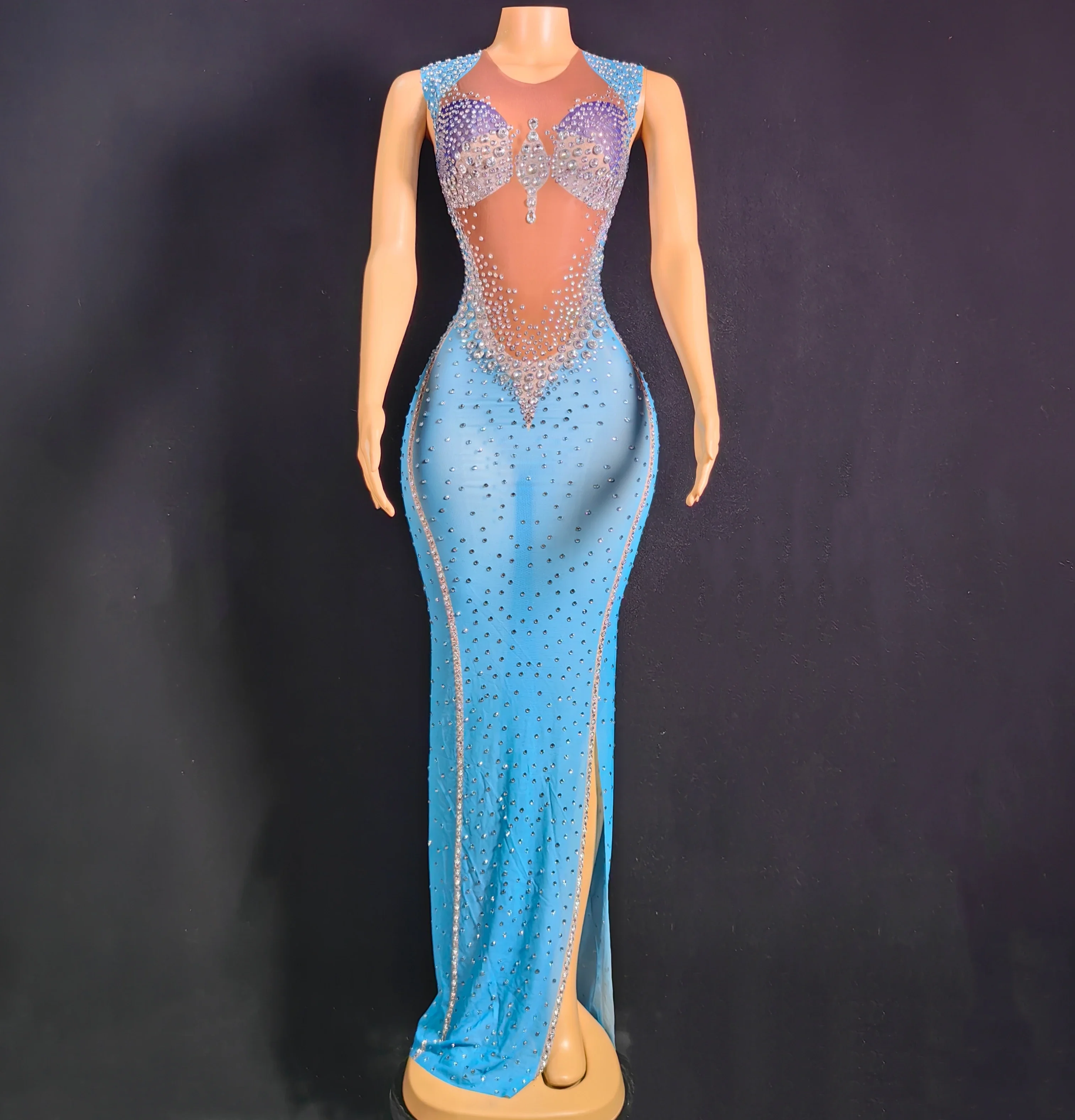 Sukienka na wieczór, obcisła, na studniówkę, materiał na ukończenie szkoły 2025, damska, prześwitująca, urodzinowa, królowa, bez rękawów, z dżetami, na bal, ślub, na scenę, długa.