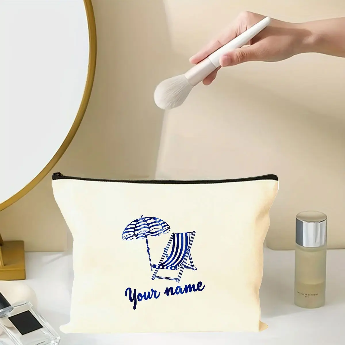Creative Beach Theme Blue and White Striped Beach Chair Custom Name Organizer Bag Custom Name Fashion Portable Travel Makeup