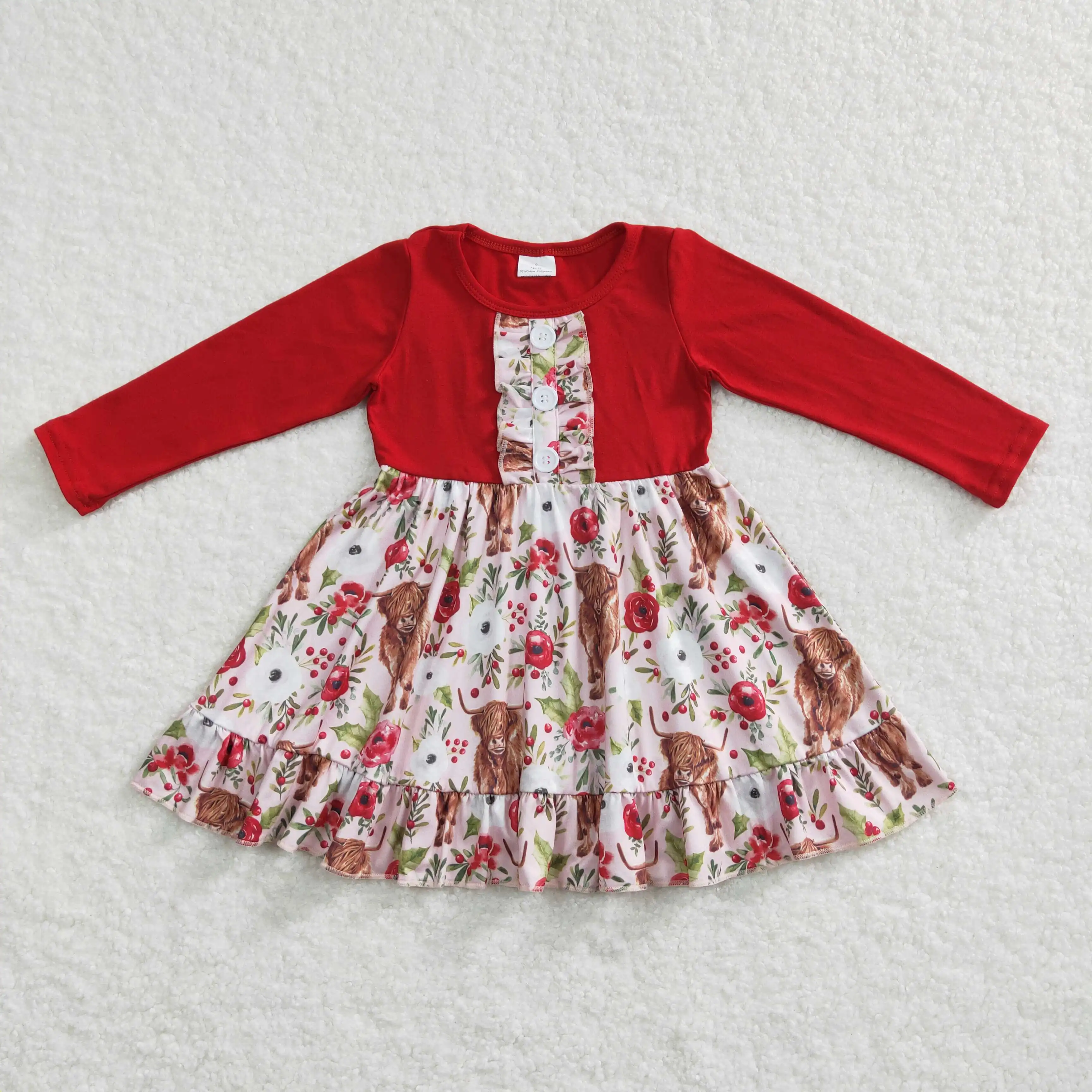 

New Arrival Wholesale Girls Autumn And Winter Long-Sleeved Dress Multi-Element With Buttons Color Splicing Ruffle