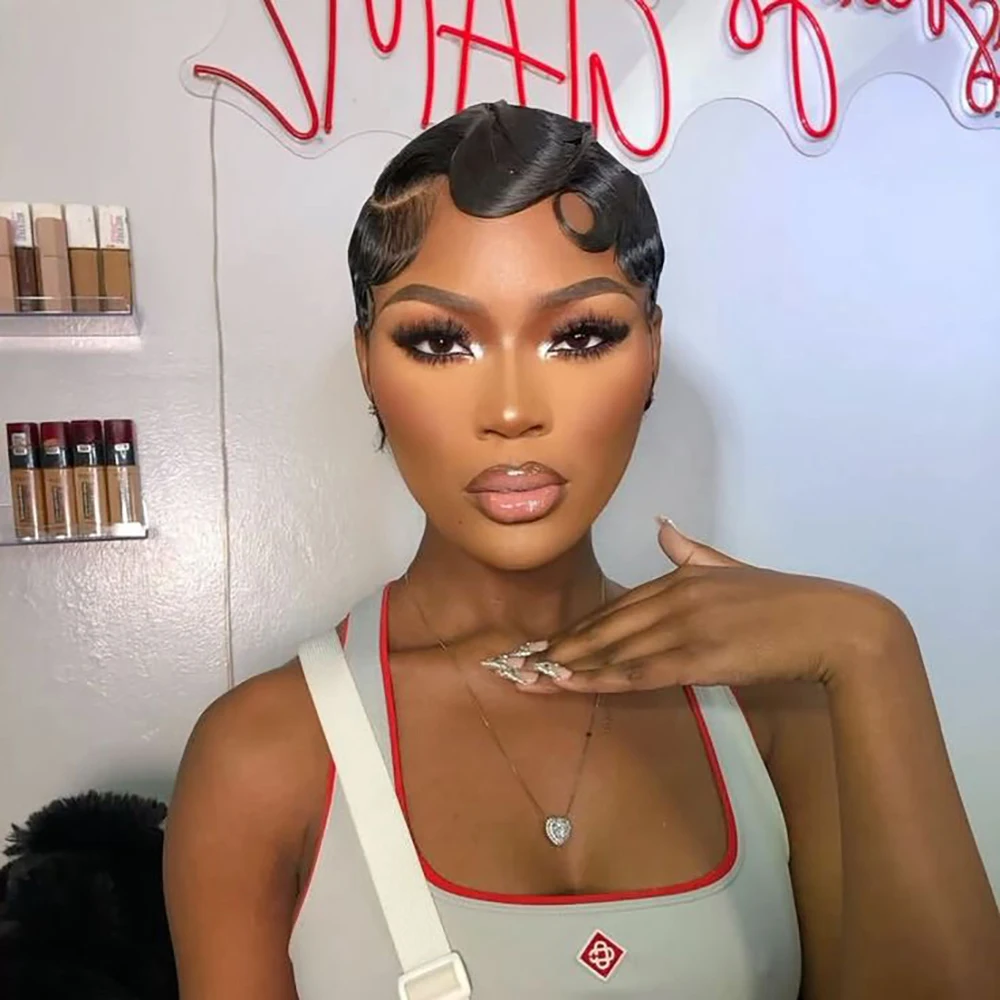 ショートフィンガーウェーブピクシーカットウィッグ、オーシャンウェーブウィッグ、黒人女性用レミー人毛、ショートレイヤードマシンメイドボブウィッグ