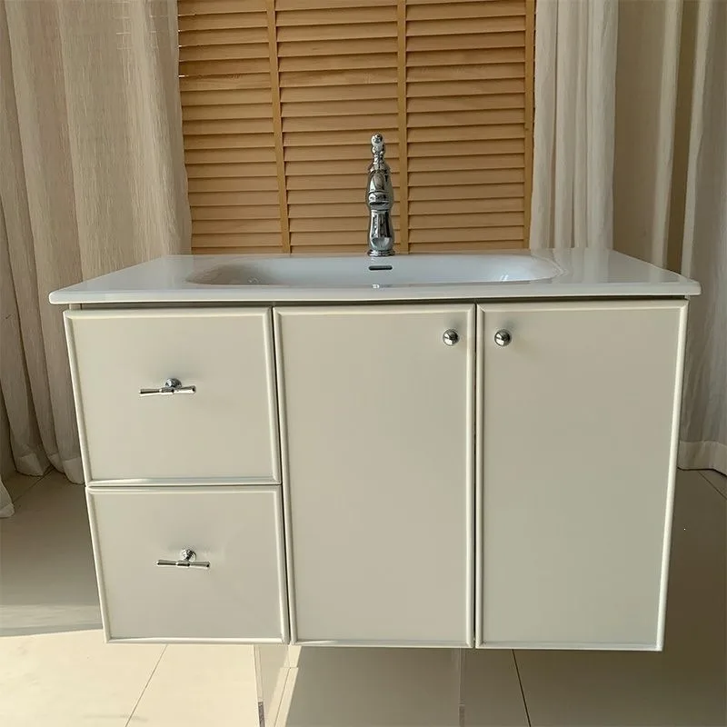 Cream medium antique bathroom cabinet, retro style solid wood paint washing table, ceramic integrated basin bathroom hanging