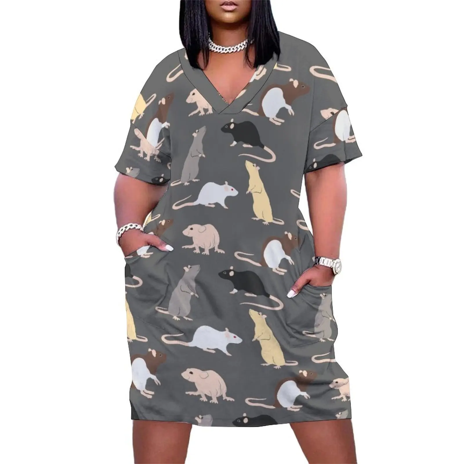 

Multi Colored rats on Gray Loose Pocket Dress party dresses women Dress for girls dress party night