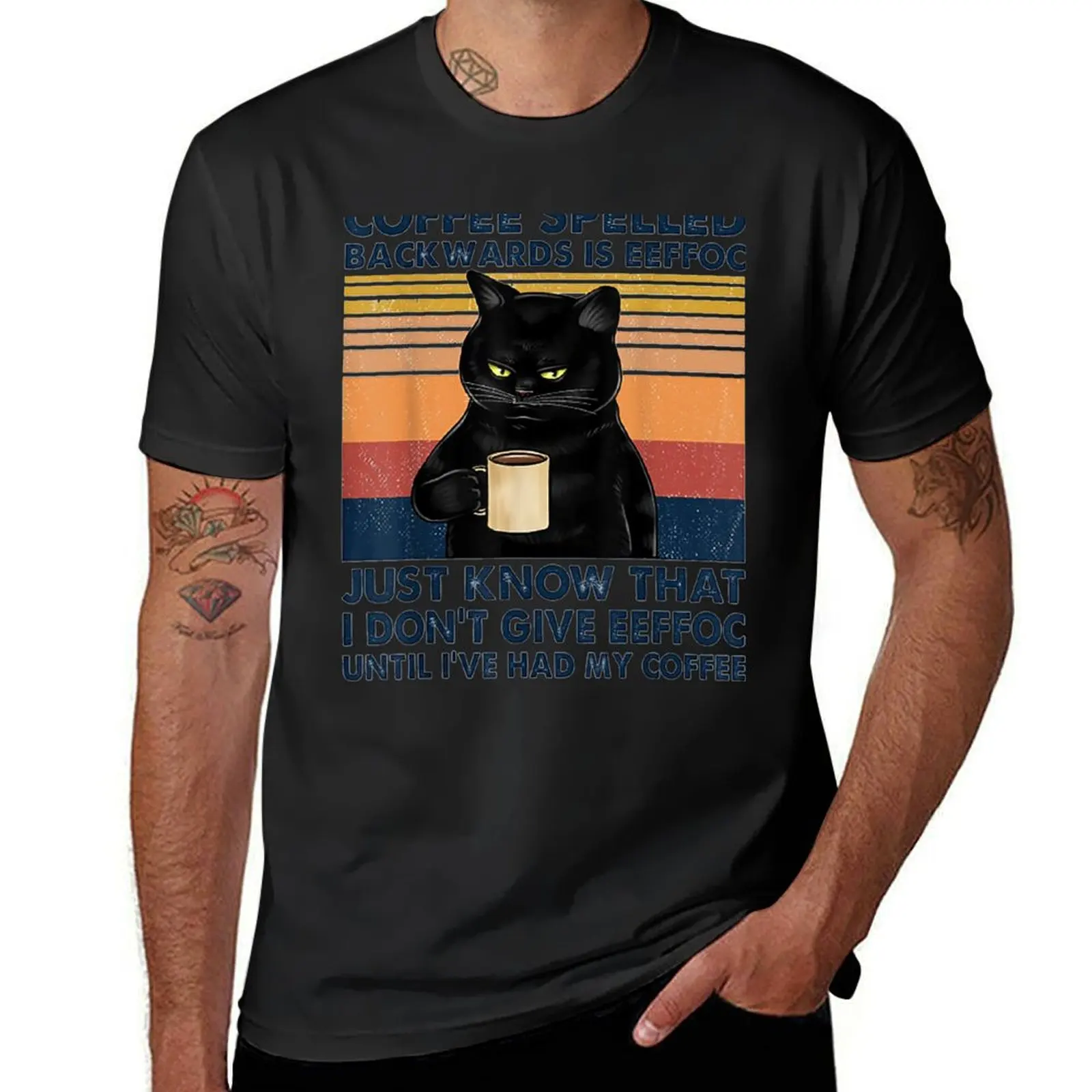 

Coffee Spelled Backwards Is Eeffoc Cat Drinking Vintage T-Shirt vintage clothes sweat Blouse anime clothes t shirt men