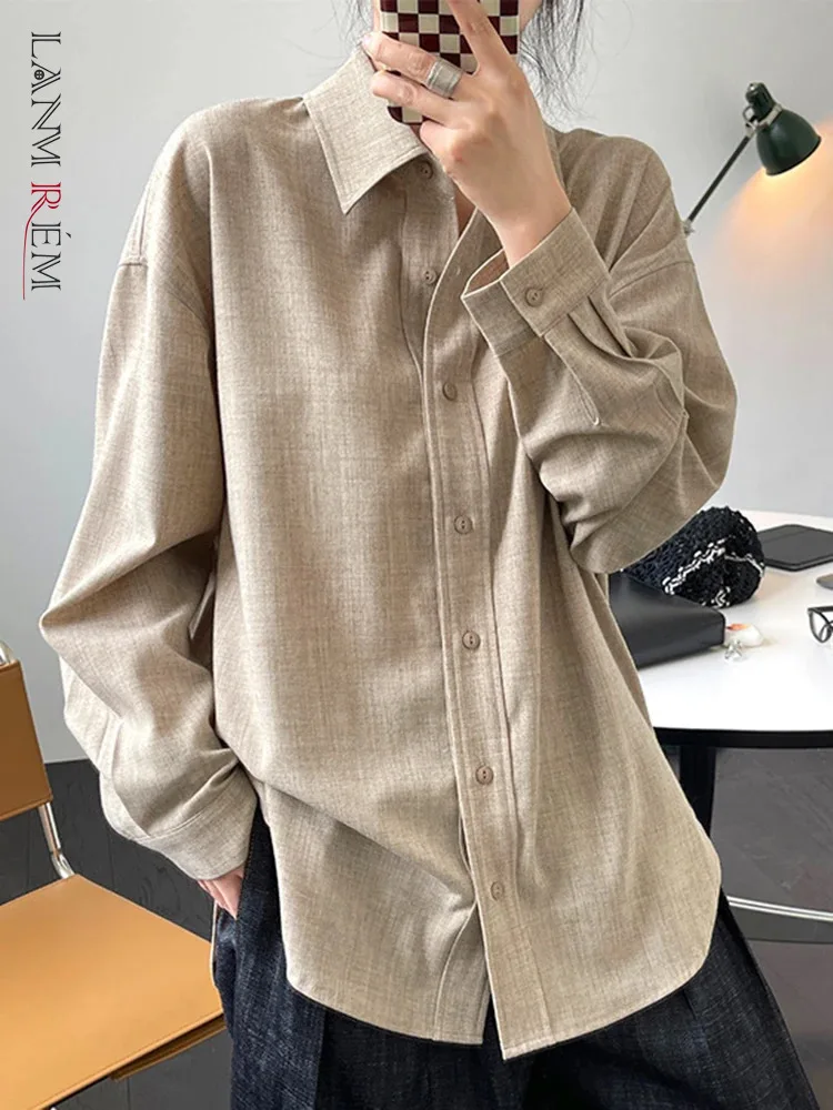 

[LANMREM] Casual Loose Shirt For Women Solid Lapel Long Sleeve Single Breasted Blouses Elegant Female 2024 Autumn New 26D1018