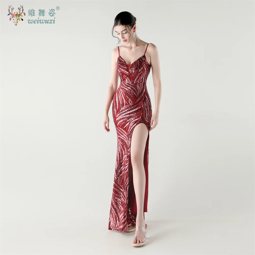 Elegante Gestreepte Pailletten Avondjurken Bandjes V-hals Lange Sexy Split Fishtail Jurk GlitterPatroon Kant Cocktail Prom Formele Jurk